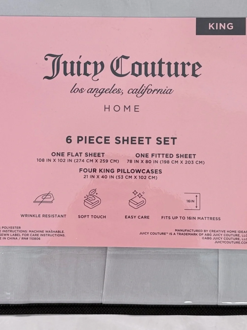 Juicy Couture Home King 6 Piece Gray Sheet Set New Bedding Sheets gray sheets